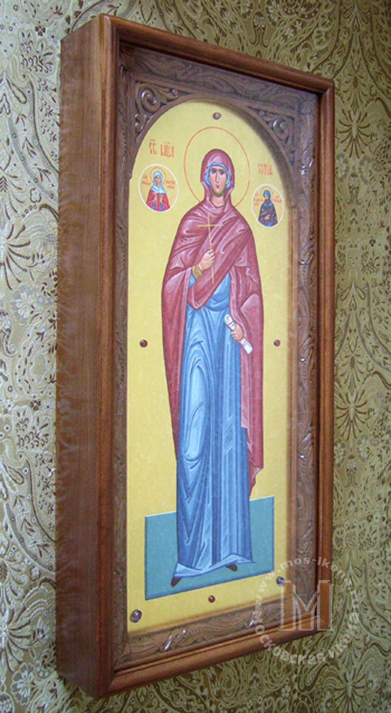 Ростовая икона св. Софии в дубовом киоте со сложной резьбой. золото , аметист