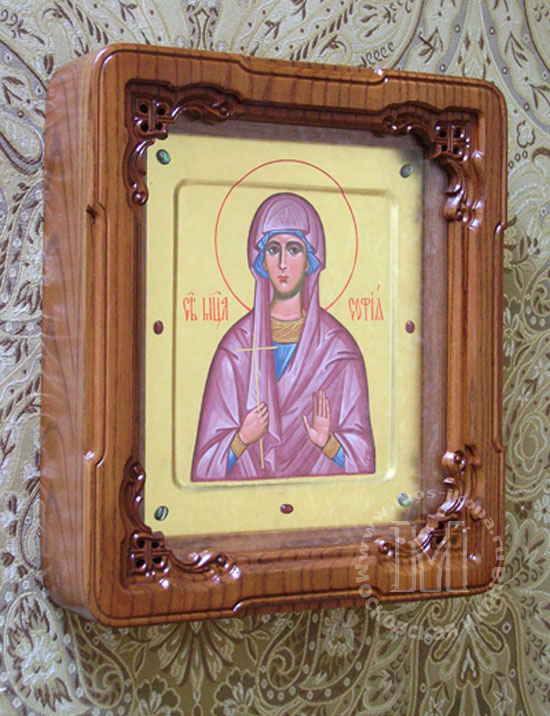 Дубовый киот 17-21см. Именная икона св. София (Софья) на золоте.