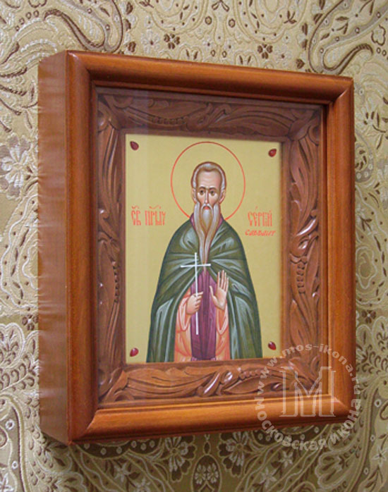 Св. Сергий Савваит.14-16см. Золото. Резной киот. Сердалики. Св. Сергий Савваит.14-16см. Золото. Резной киот. Сердалики.