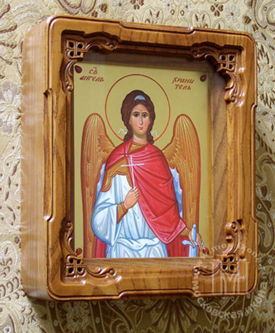 Св. Ангел - хранитель . Икона на золоте в дубовом киоте 14-16 см. Аметисты